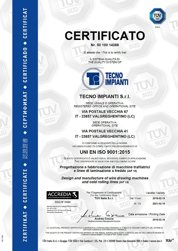 Tecno Impianti Srl ottiene la Certificazione ISO 9001:2015
